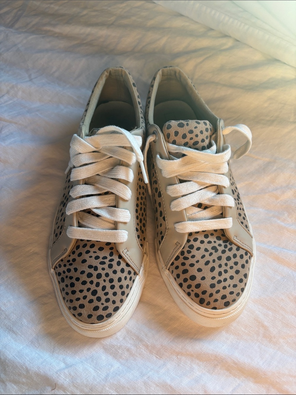 Beige Leopard-Print Low Top Sneakers with White Laces